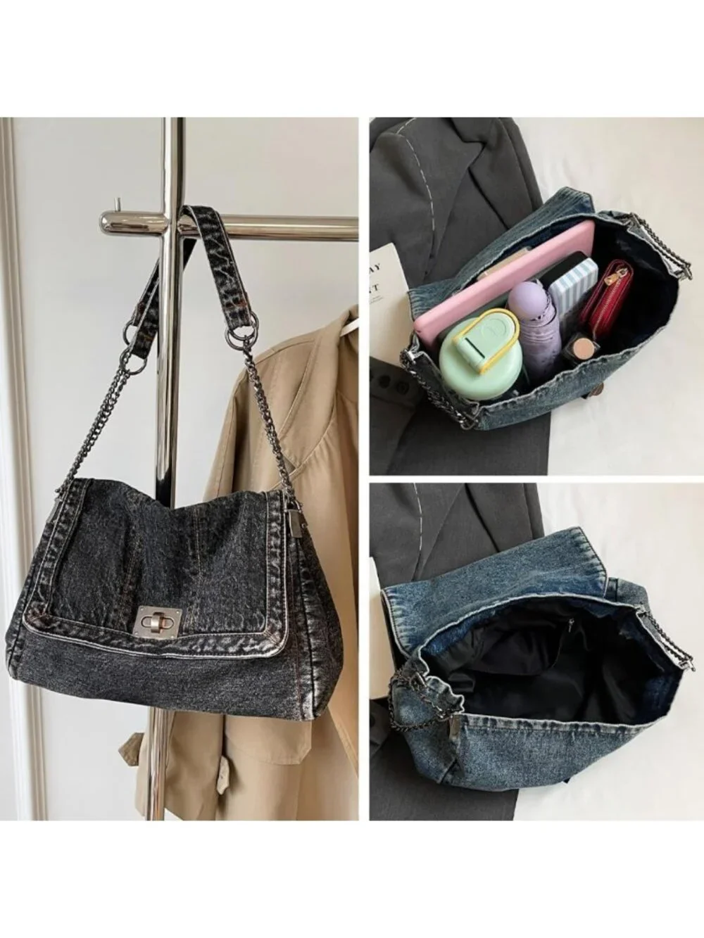 Trendy Y2K Denim Shoulder Bag for Women | Adjustable Chain Crossbody Tote Purse